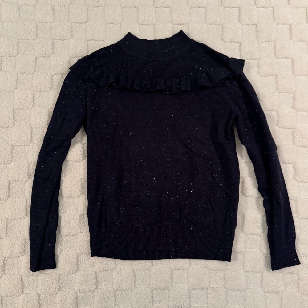 Molly Bracken Navy Blue Sparkle Knit Ruffle Sweater, Women’s Medium - Picture 2 of 5